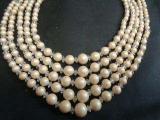 Vintage Signed Japan Multi 5 Strand Faux Pearl Glass Clear Glass Beaded Necklace