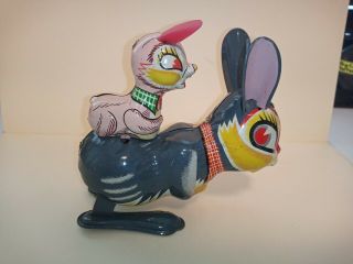 Vintage Mikuni Mechanical Jumping Rabbit With Baby Tin Toy