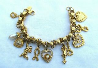 Vintage Gold Tone Metal Kirks Folly Cherub Cupid Hearts Chunky Charm Bracelet 7 "