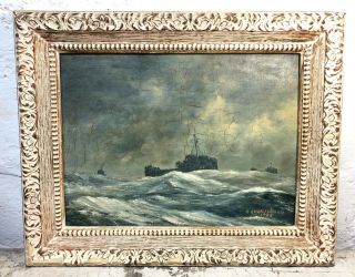 Antique Signed “s Christensen” Nautical Oil Painting Sea Ship Boat Primitive Vtg