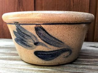 Vtg Rowe Pottery 1988 Salt Glazed Stoneware Blue Tulip Flower Bowl; Pet Dish
