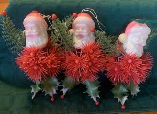 3 Vintage Christmas Tree Ornament Plastic Santa Claus Head Red Spiky Ball Holly