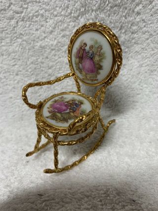 French Limoges Vintage White & Gold Porcelain Miniature Metal Rocking Chair