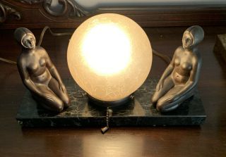 Art Deco Figural Table Top Globe Lamp With Two Naked Ladies Ca 1930 