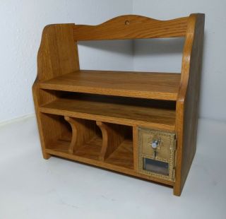 Vintage Oak Wood Wall Desk Organizer Shelf Brass Post Office Coin Bank Lockbox