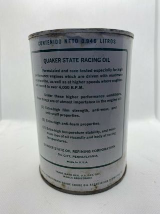 RARE 1950 ' s Vintage QUAKER STATE RACING MOTOR OIL Old 1 quart Tin Can FULL 3