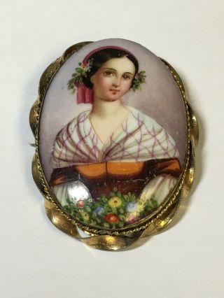 Large Antique Gold Filled And Hand Painted Portrait Brooch 1 3/4 " By 2 1/2 "