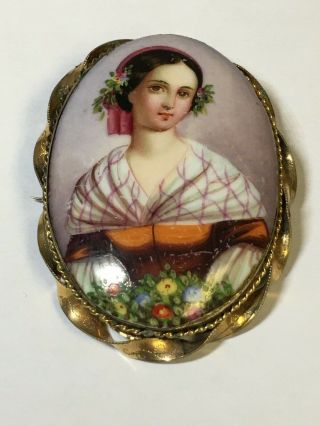 Large Antique Gold Filled and Hand Painted Portrait Brooch 1 3/4 