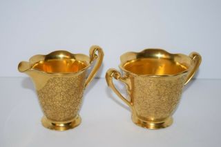 Vintage Pickard Etched Gold Porcelain China Sugar Bowl And Creamer Flower Patter