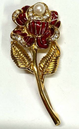 Signed Monet Vintage Rhinestone Enamel Faux Pearl Flower Brooch Pin 8/488