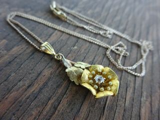 Antique Semco 10k Gold Mine Cut Diamond Floral Pendant On 21 " Chain 3.  5 Grams
