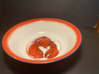 Vintage Large Enamelware Metal Bowl Stenciled Red Cooked Lobster Design Pattern