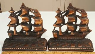 Vtg Cast Iron Bookends Old Ironsides Nautical Ship Ussconstitution Copper Finish