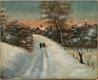 Antique 19th Century Folk Art Oil Painting Winter Landscape Signed Hagg