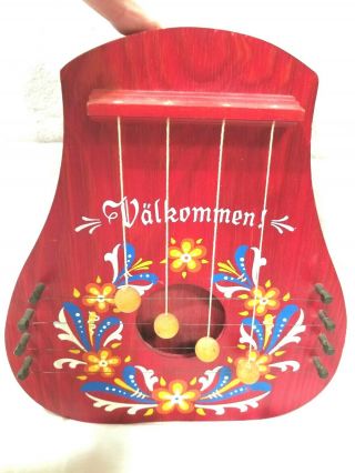 Vintage Swedish Door Harp / Chime Valkommen Red Wooden Sweden 10 1/2 " Tall