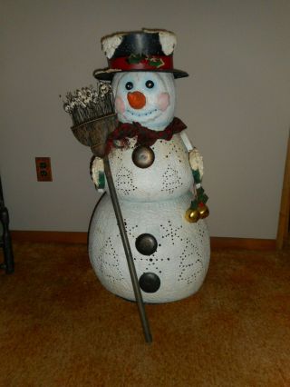 Antique 34 " All Metal Snowman (candleholder) With Hat And Broom