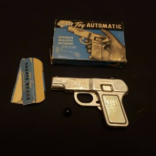 Vintage " Krest " Automatic Tin / Metal Toy Gun With Marble & Box,  Usa -