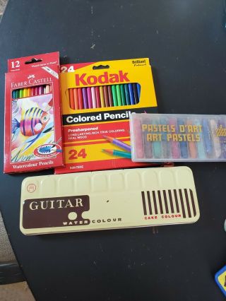 Vintage Guitar Water Color Tin,  Jm Paillard Pastels,  W/c And Colored Pencils