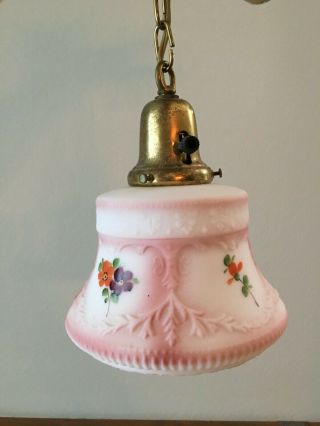 Antique Brass Pendant Ceiling Light Fixture W/ Floral Satin Glass Shade Vintage