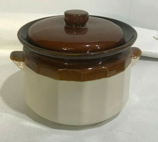 Vintage Brown Cream Stoneware Bean Pot Two Handles With Lid 2 Tone 6 " Tall