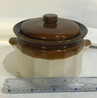 Vintage Brown Cream Stoneware Bean Pot Two Handles With Lid 2 TONE 6 