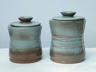 Vintage Frankoma Art Pottery Blue Green Ceramic Canister Storage Jars Have Chips