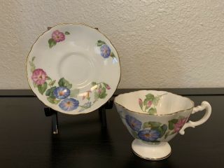 Vintage Hammersley Teacup And Saucer Pink And Blue Morning Glory Flowers England