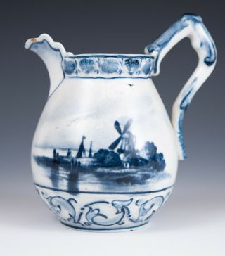 Antique 19th Century Delft Blue Windmill Pitcher Delftware Creamer - Holland
