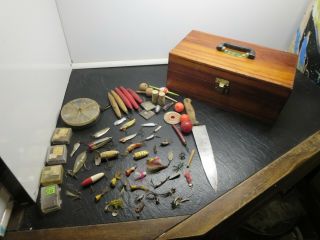 Vintage Handmade Wood Tackle Box & Wooden Lures Old Tackle See Photo 