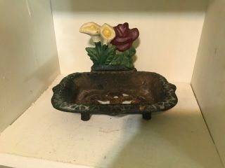 Vintage Cast Iron Soap Dish With Rose And Calla Lilies - 6 X 4.  5 X 4 "