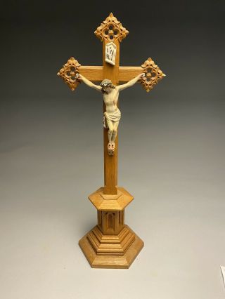 Antique Carved Wood Continental Black Forest Carved Crucifix 19”