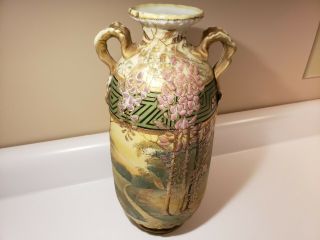 Antique Nippon Hand Painted Double Handled Vase With Pink Wisteria
