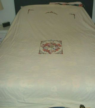 Vintage 84 " X 90 " Muslin Hand Embroidered Bedspread Coverlet