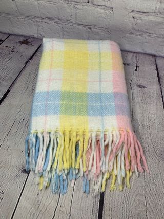Vtg Tennessee Woolen Mills Baby Blanket Pastel Plaid Fringe 100 Acrylic Euc