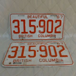 Bc British Columbia License Plate Matching Pair 1967 Orange White 315 902