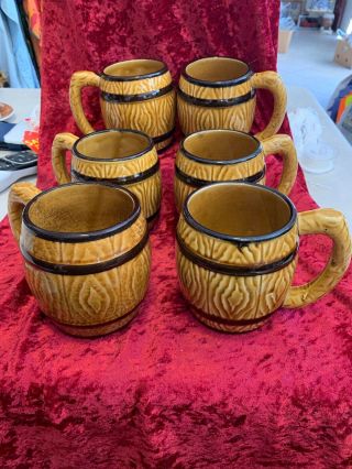 Vintage Set Of 6 Oak Barrel Ceramic 24 Oz Coffee Mug Cup Made In Japan