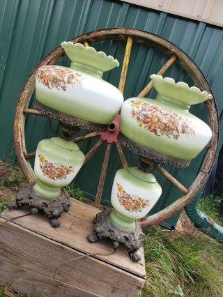 Antique 24 " Match Pair Hurricane Lamps Green Floral Gone With The Wind Vtg Oil