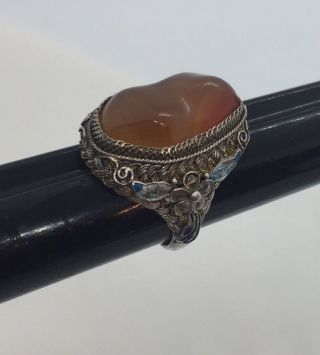 Chinese Antique Sterling Silver Carnelian Floral Enamel Ring