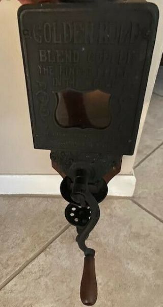 Vtg Antique Golden Rule Wall Mount Cast Iron Coffee Grinder Citizens Columbus Oh