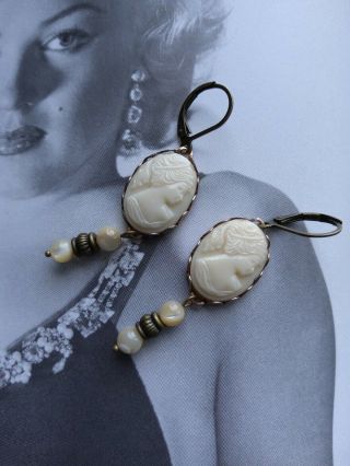 Vintage Cameo Earrings West German Glass Natural Shell Beads Gold Brass