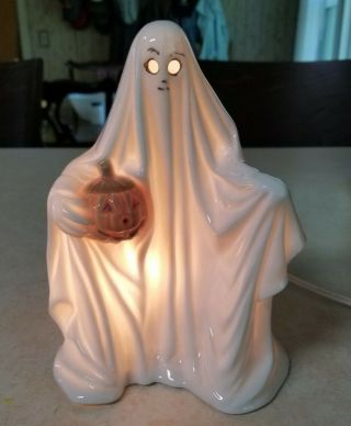 Vintage Ceramic Light Up Ghost Holding Pumpkin Holds 2 Lights