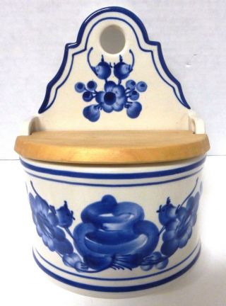 Vintage Blue & White Stoneware Salt Canister With Wood Lid