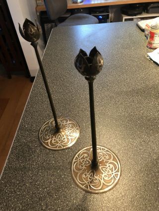 Silver On Bronze Art Nouveau - Ish Candle Sticks.  14.  5 Inch High By 6 Inch Diam.
