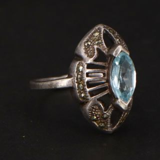 Vtg Sterling Silver - Art Deco Topaz & Marcasite Cutout Ring Size 6.  75 - 4g