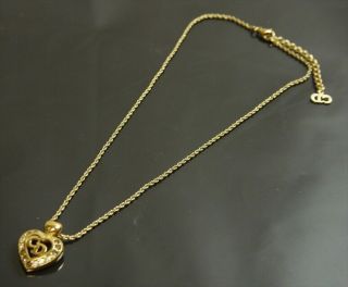 Authentic Christian Dior Necklace Logo Vintage Heart Metallic 8160