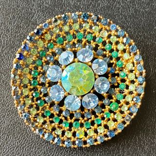 Signed Art Vintage Sapphire Blue Emerald Green Rhinestone Flower Brooch Pin 181