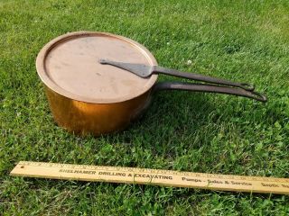 Antique French? Heavy Copper Sauce Pot Pan W/ Lid Wrought Iron Handles Numbered