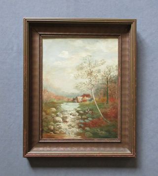 Antique 19th Century American Folk Art Oil Landscape Painting With Figures