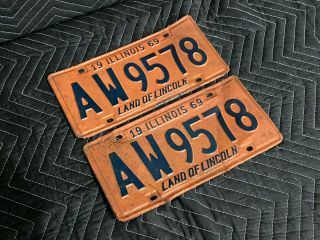 (2) Illinois 1969 Vintage Classic Car License Plate Set Pair Aw9578 Orange