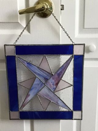 Vintage Faux Stained Glass Sun Catcher Blues 12” X 12” Handmade